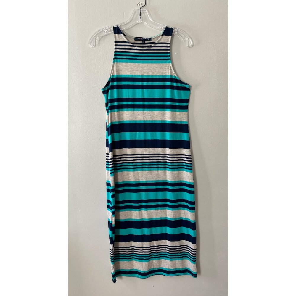 Tank Dress Sz L‎ Maxi Stretch Turquoise Blue Striped Tube Pullover Slim Fit